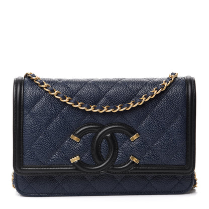 Chanel Caviar Quilted CC Filigree Wallet On Chain WOC Navy 1 of 12