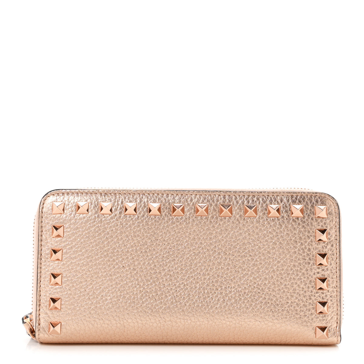 Metallic Pebbled Calfskin Rockstud Zip Around Wallet Rame