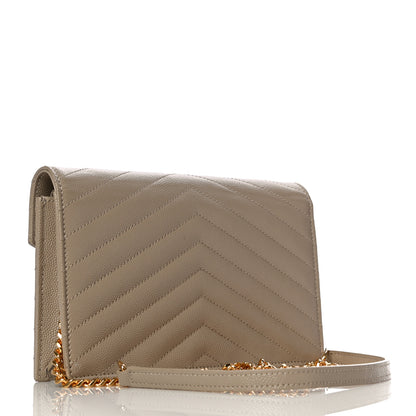Saint Laurent Grain De Poudre Matelasse Chevron Monogram Envelope Chain Wallet Dark Beige 3 of 11
