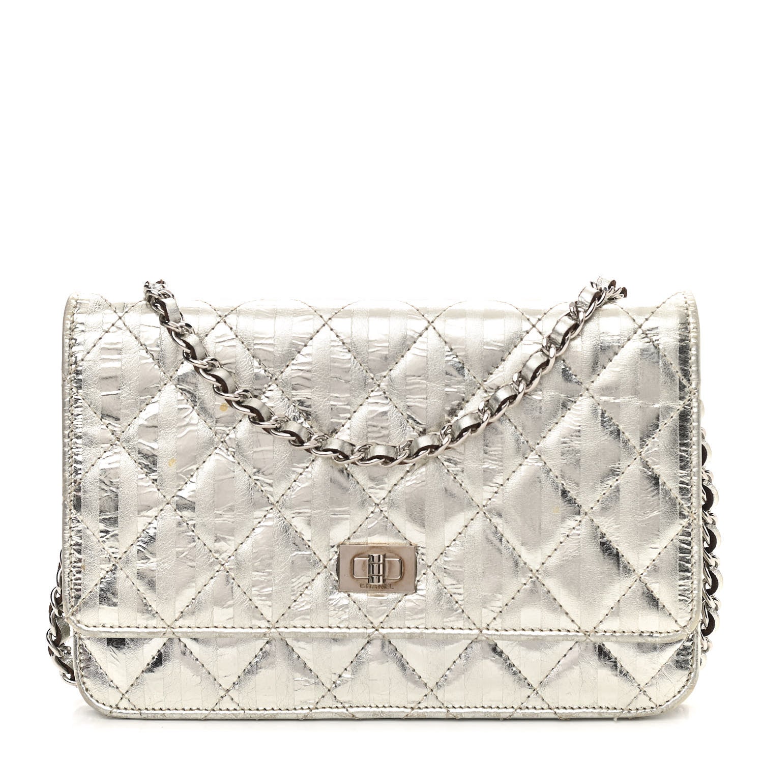 Chanel Metallic Striped Calfskin Reissue Wallet On Chain WOC Silver 1 of 19