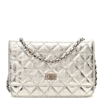 Chanel Metallic Striped Calfskin Reissue Wallet On Chain WOC Silver 1 of 19