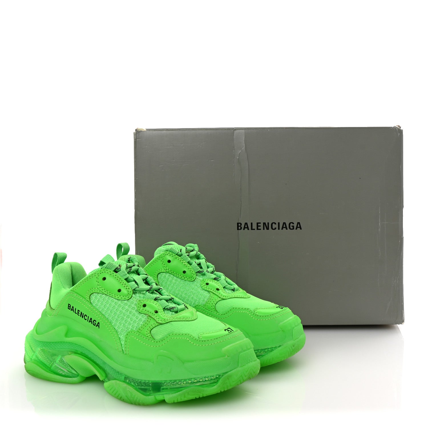 Balenciaga Fabric Mesh Clear Sole Womens Triple S Sneakers 37 Fluo