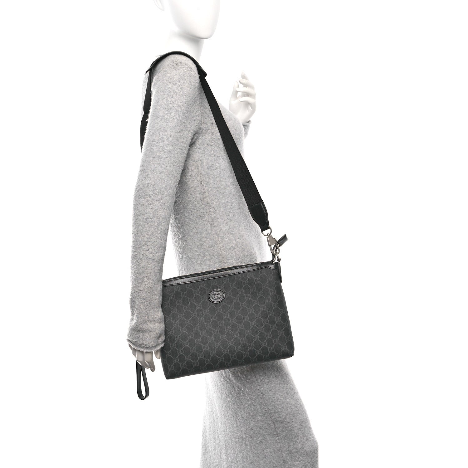Gucci GG Supreme Monogram Azalea Calfskin Retro Interlocking G Wristlet Messenger Bag Black 2 of 11