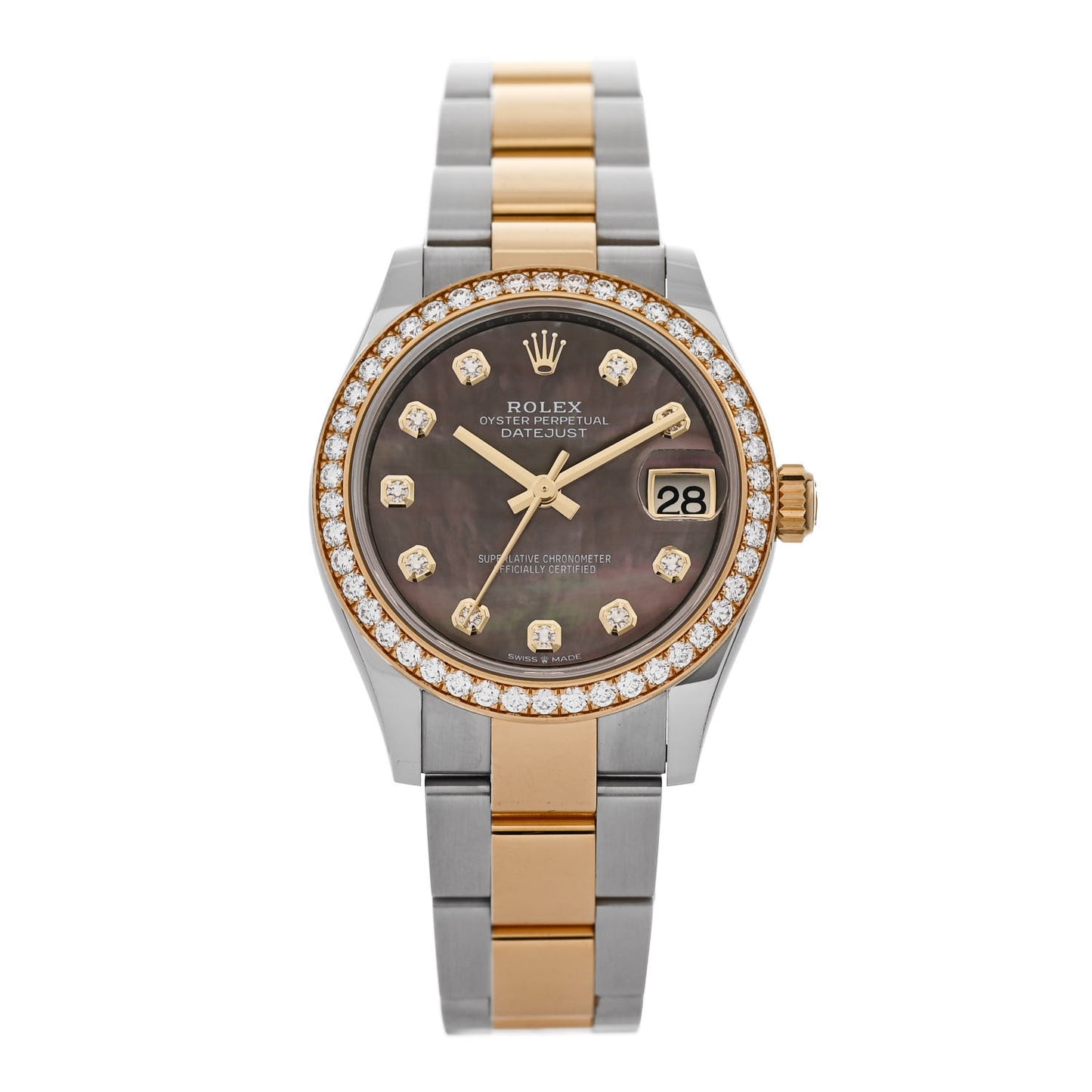 Stainless Steel 18K Yellow Gold Diamond Bezel Black Mother of Pearl 31mm Oyster Perpetual Datejust Watch 278383RBR