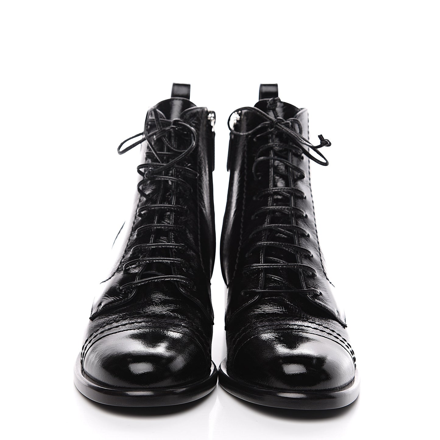 Shiny Lambskin Lace Up Combat Short Boots 38.5 Black
