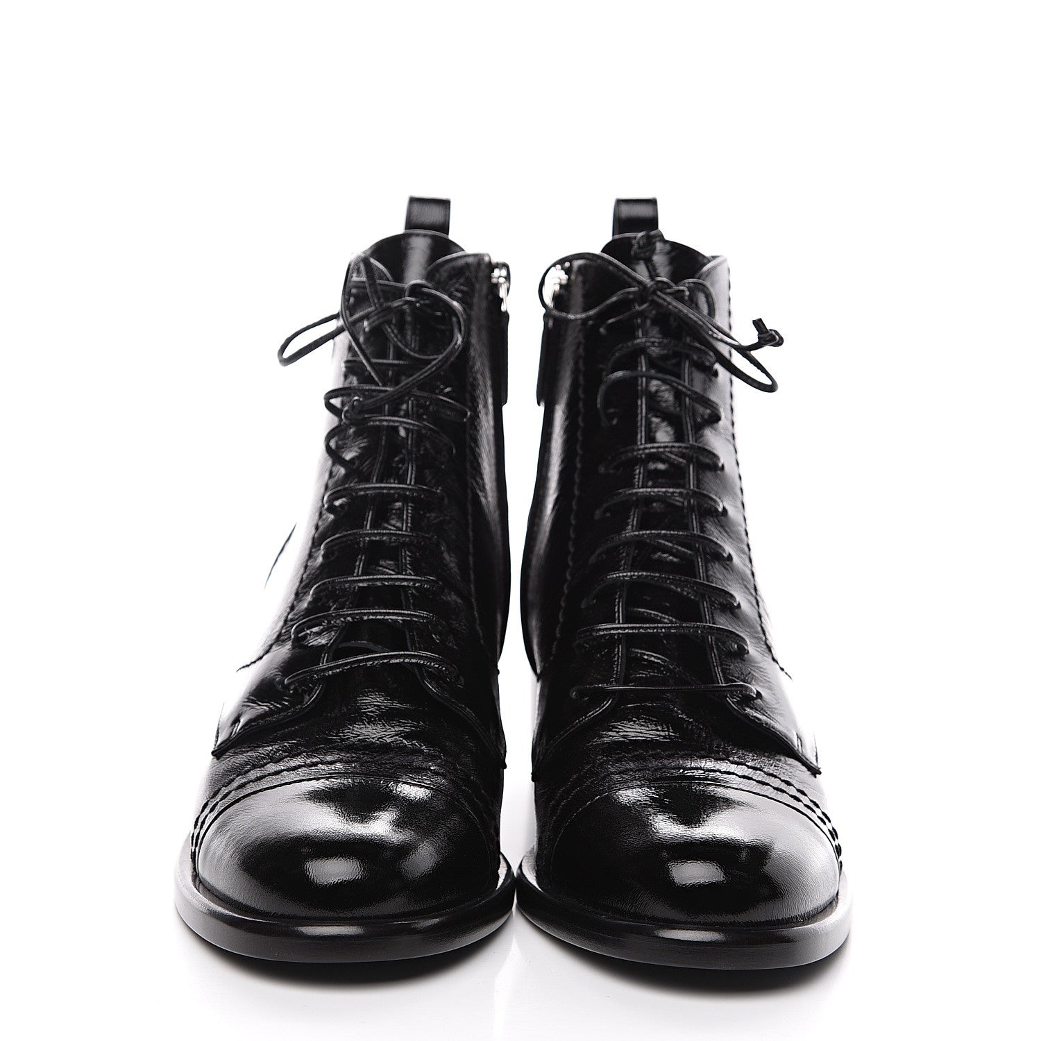 Chanel Shiny Lambskin Lace Up Combat Short Boots 38.5 Black 2 of 7