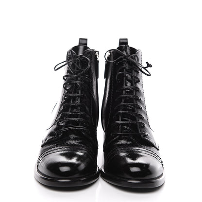 Chanel Shiny Lambskin Lace Up Combat Short Boots 38.5 Black 2 of 7