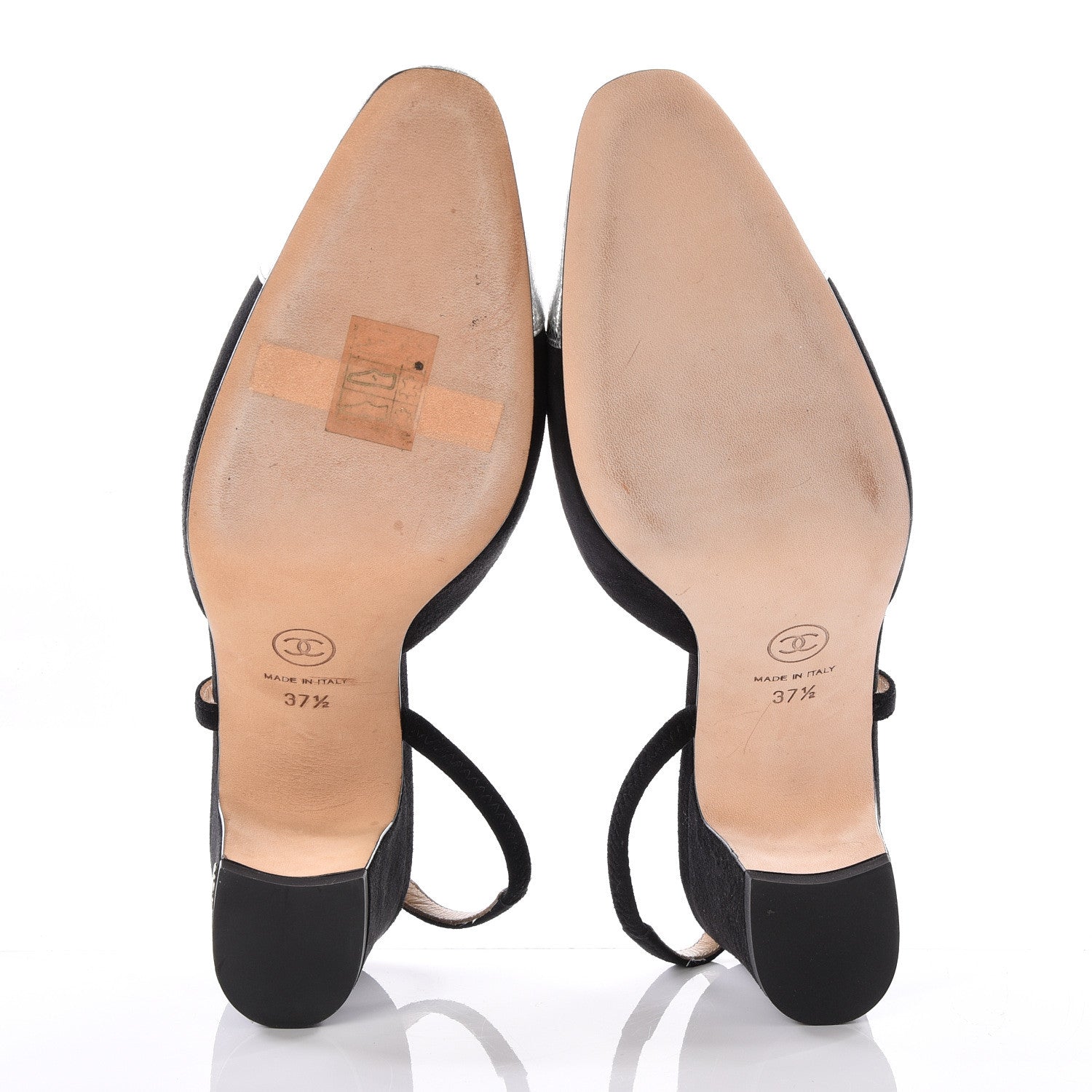 Chanel Kid Suede Metallic Lambskin Cap Toe CC Slingback Pumps 37.5 Black Silver 6 of 11