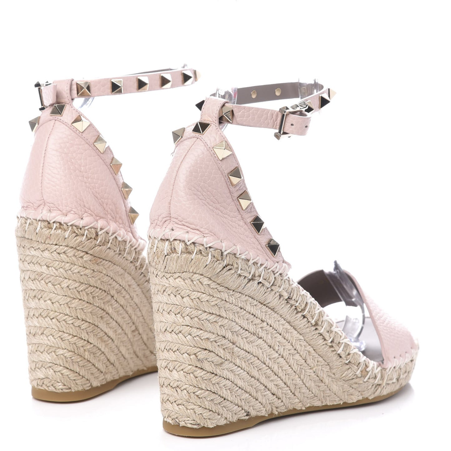 Grained Calfskin Rockstud Ankle Strap Espadrille 15/105mm Wedge Sandals 39 Rose Quartz Natural