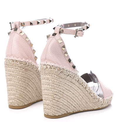 Valentino Garavani Grained Calfskin Rockstud Ankle Strap Espadrille 15/105mm Wedge Sandals 39 Rose Quartz Natural 4 of 9