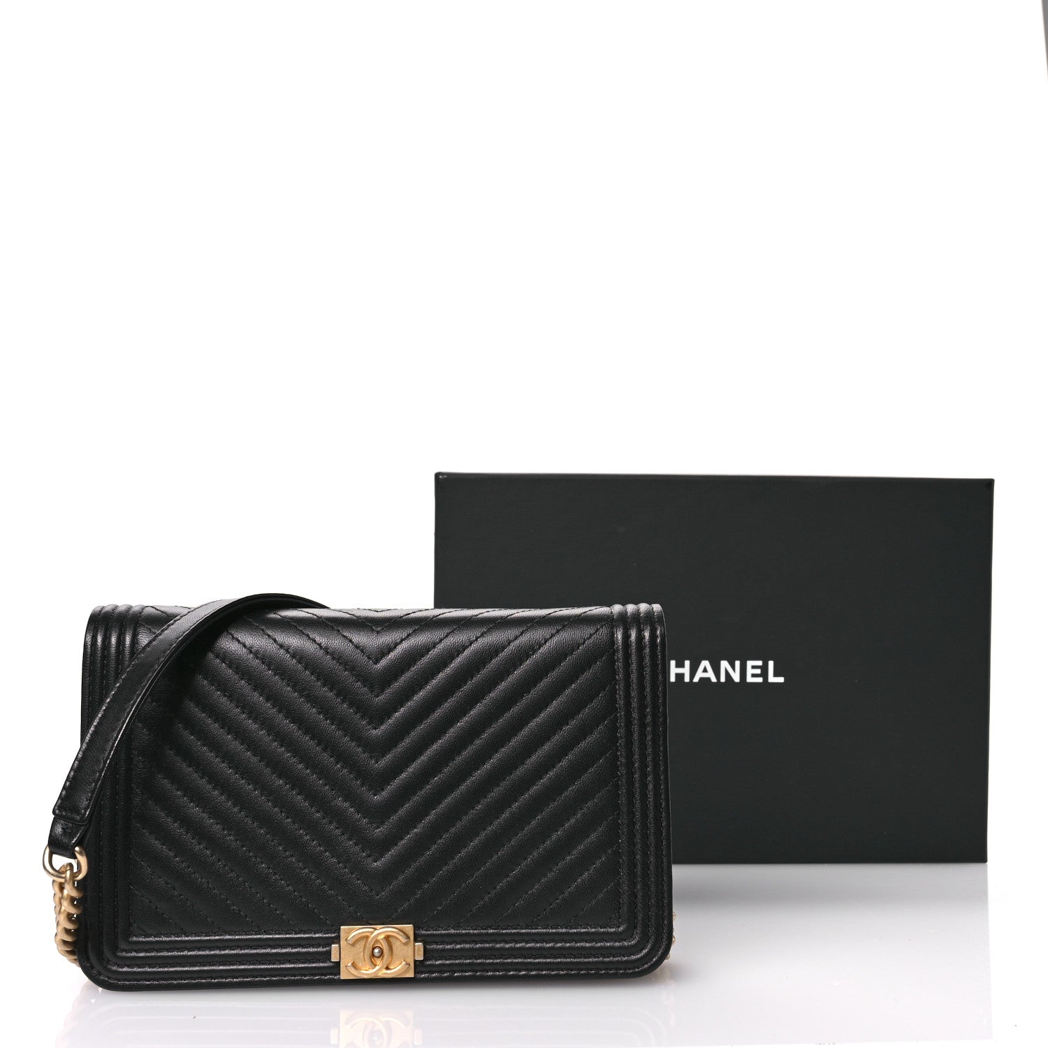 Chanel LAmbskin Chevron Boy Wallet On Chain WOC Black 12 of 12