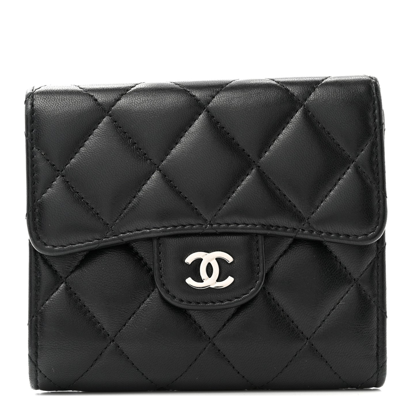 Lambskin Quilted Compact Flap Wallet Black