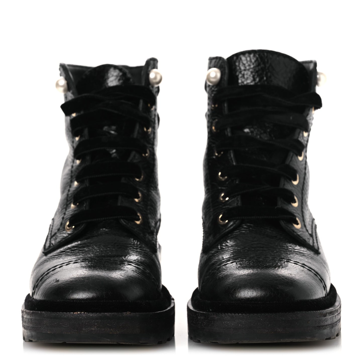 Shiny Calfskin Velvet Pearl Combat Short Boots 38 Black