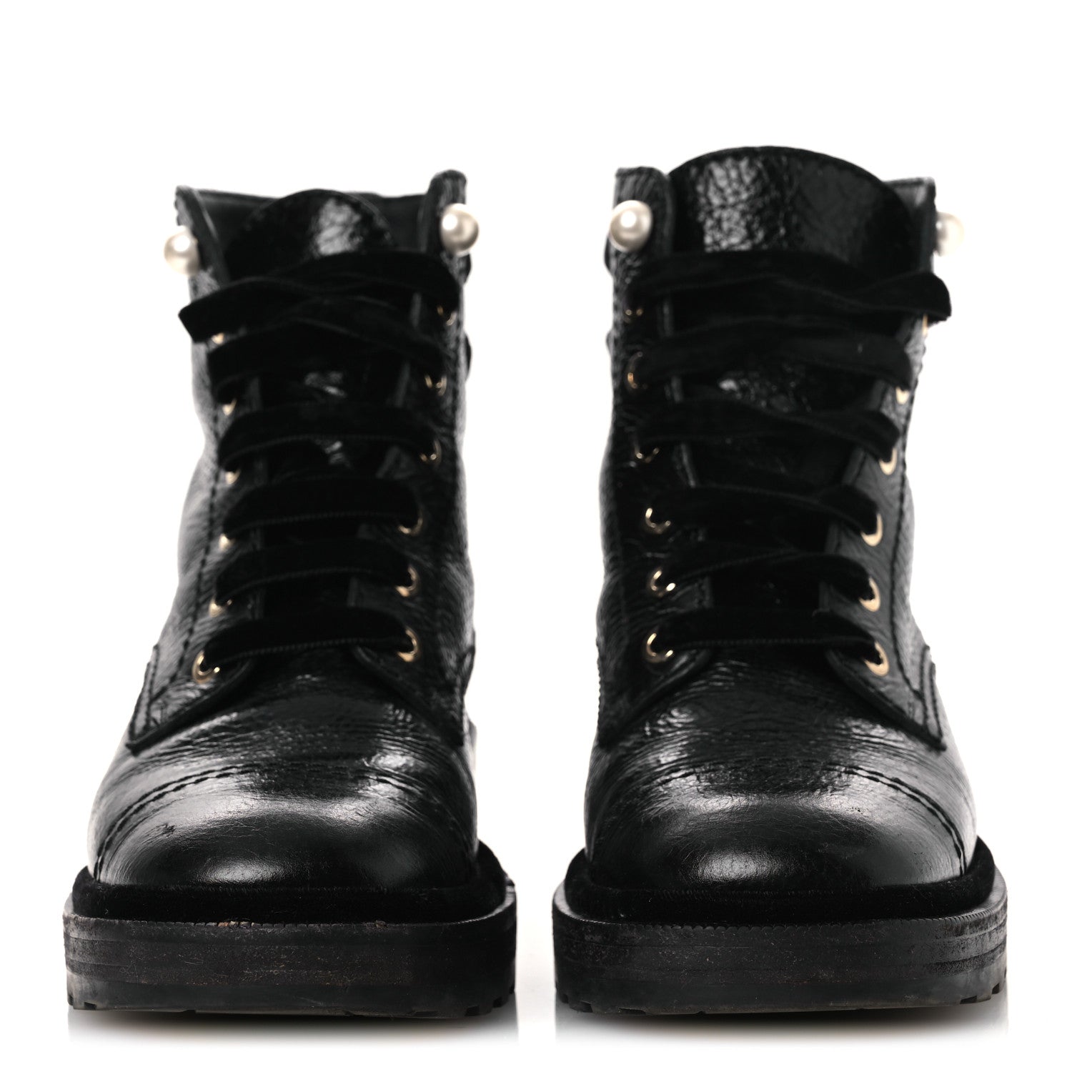 Chanel Shiny Calfskin Velvet Pearl Combat Short Boots 38 Black 3 of 14