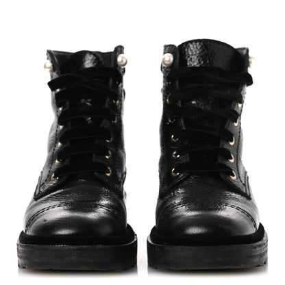Chanel Shiny Calfskin Velvet Pearl Combat Short Boots 38 Black 3 of 14