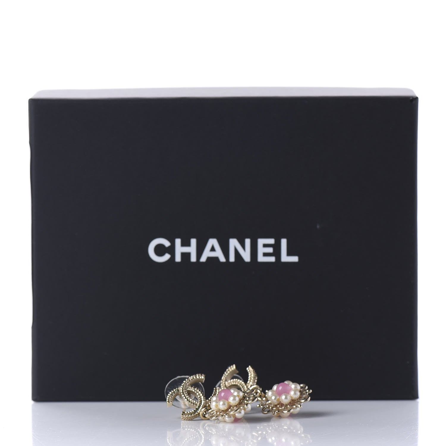 Chanel Pearl Resin CC Flower Drop Earrings Pink Gold 5 of 5