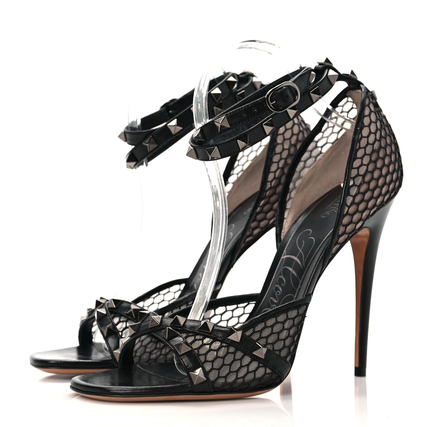 Calfskin Fishnet Rockstud Alcove Gladiator Sandals 40 Black