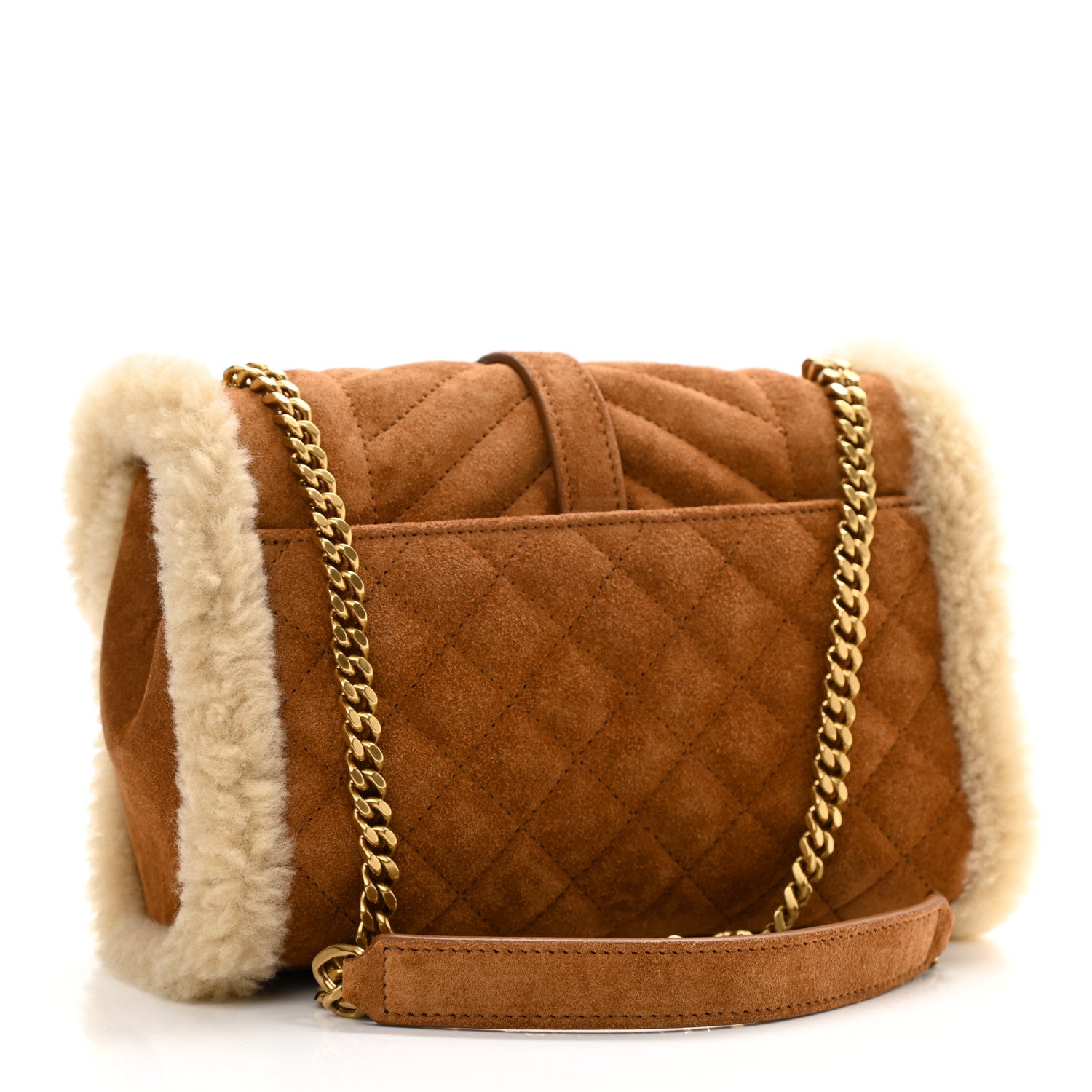 Saint Laurent Nubuck Shearling Mixed Matelasse Triquilt Small Monogram Satchel Ivory Natural Tan 3 of 10