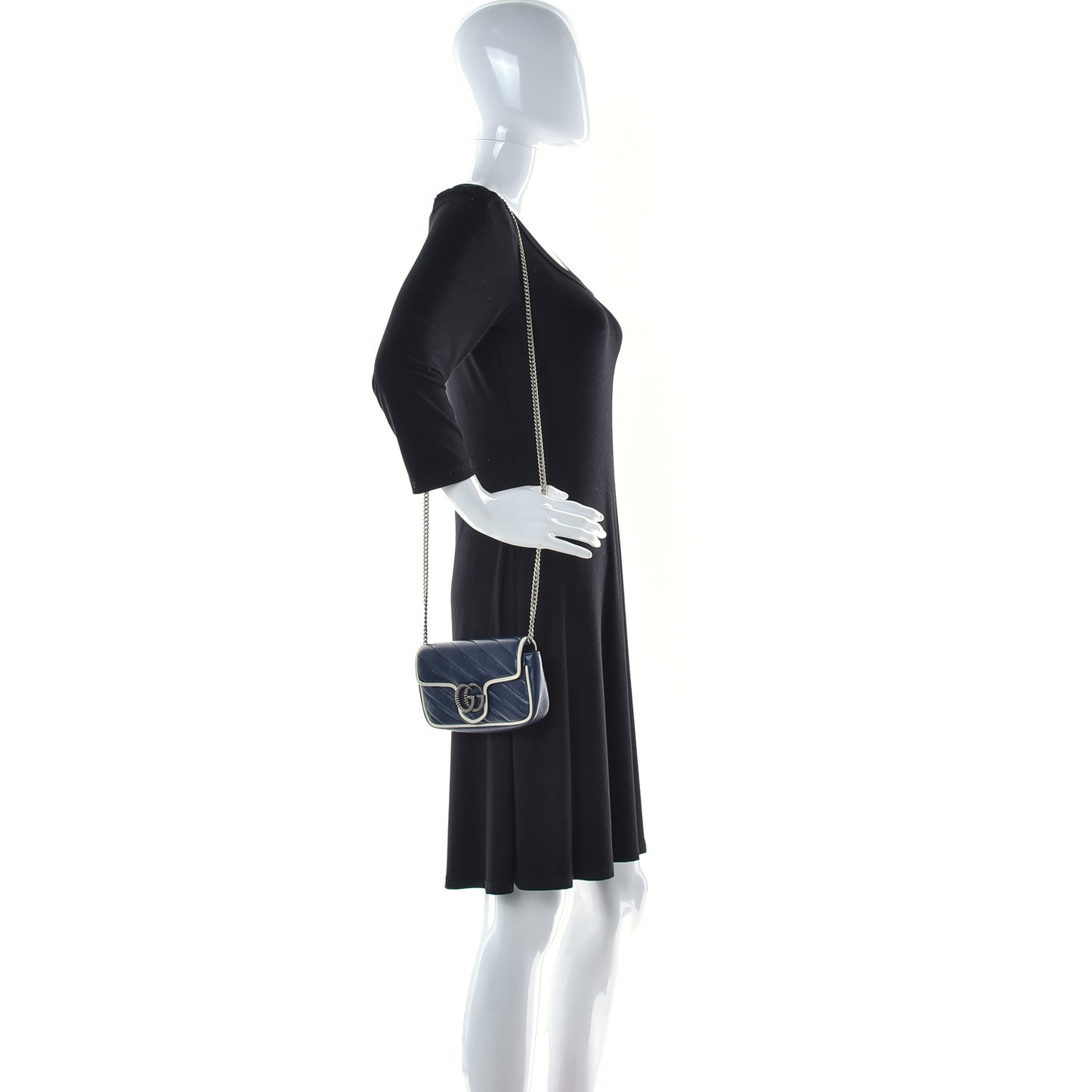 Vintage Effect Calfskin Matelasse Diagonal Super Mini Torchon GG Marmont Shoulder Bag Blue Agata Mystic White