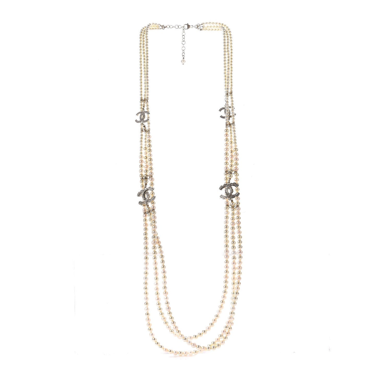 Pearl Crystal CC Triple Strand Long Necklace Gold