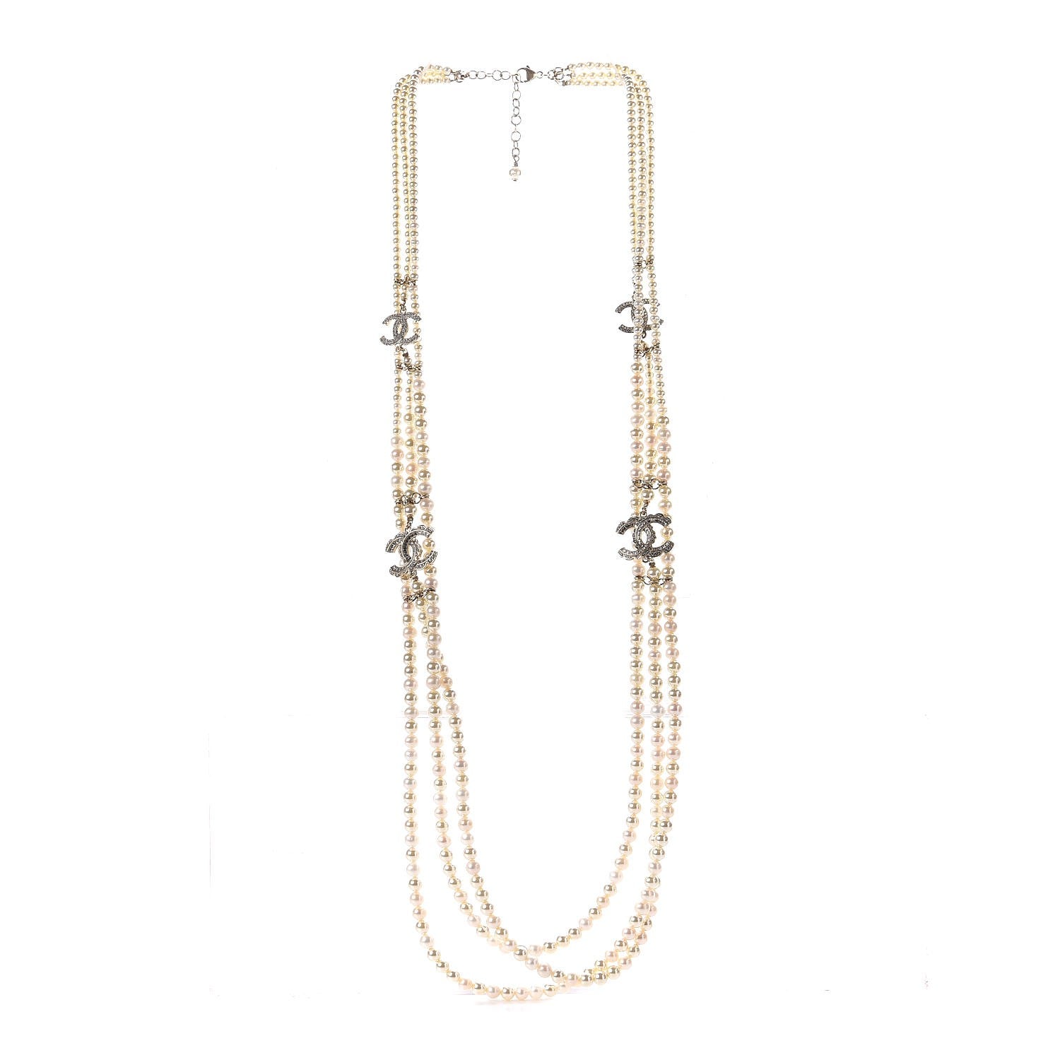 Chanel Pearl Crystal CC Triple Strand Long Necklace Gold 3 of 6