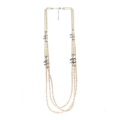 Chanel Pearl Crystal CC Triple Strand Long Necklace Gold 3 of 6