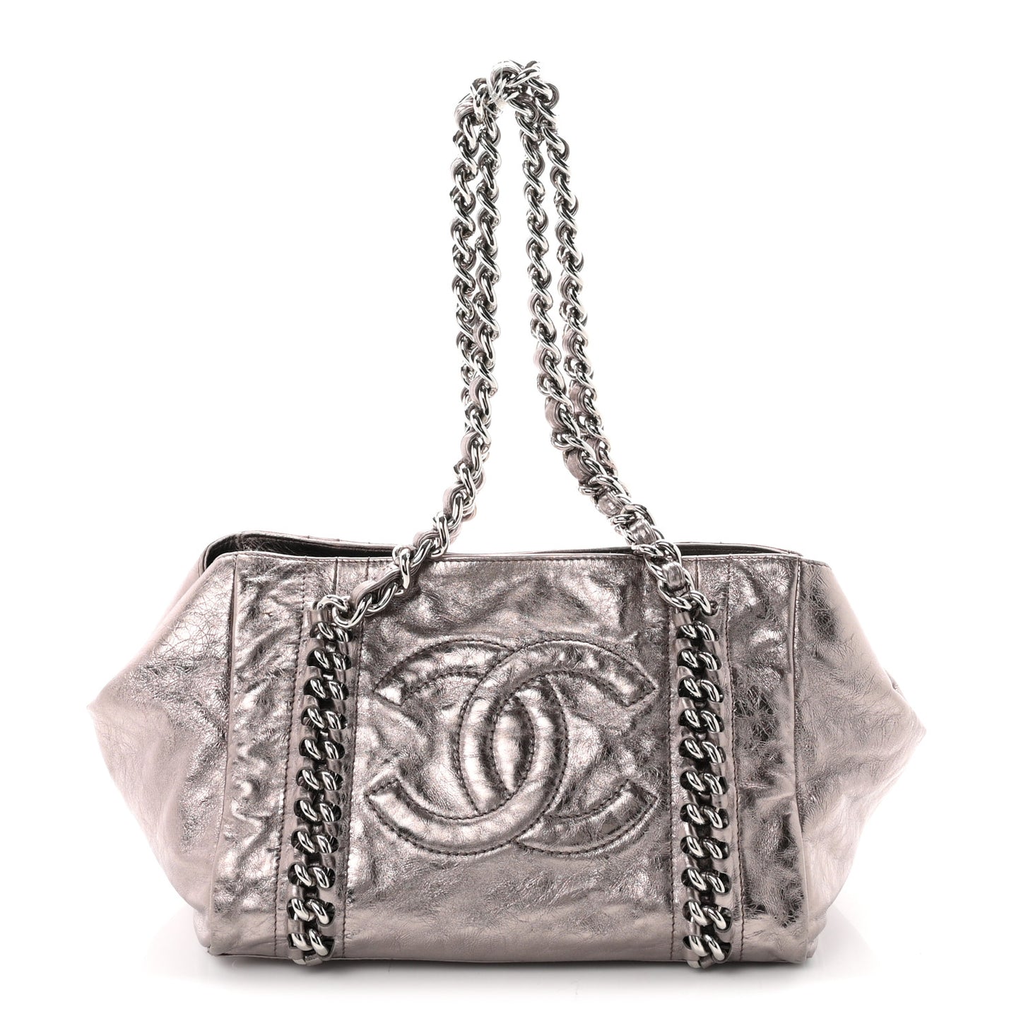 Metallic Cracked Calfskin Modern Chain Tote Dark Silver