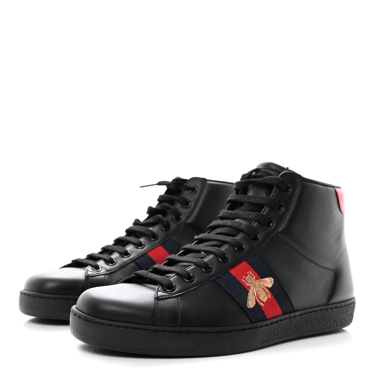 Gucci Calfskin Miro Soft Web Bee Embroidered Mens Ace High Top Sneakers 8.5 Black 3 of 11