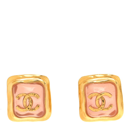 Chanel Metal Resin CC Square Earrings Gold Pink 1 of 5