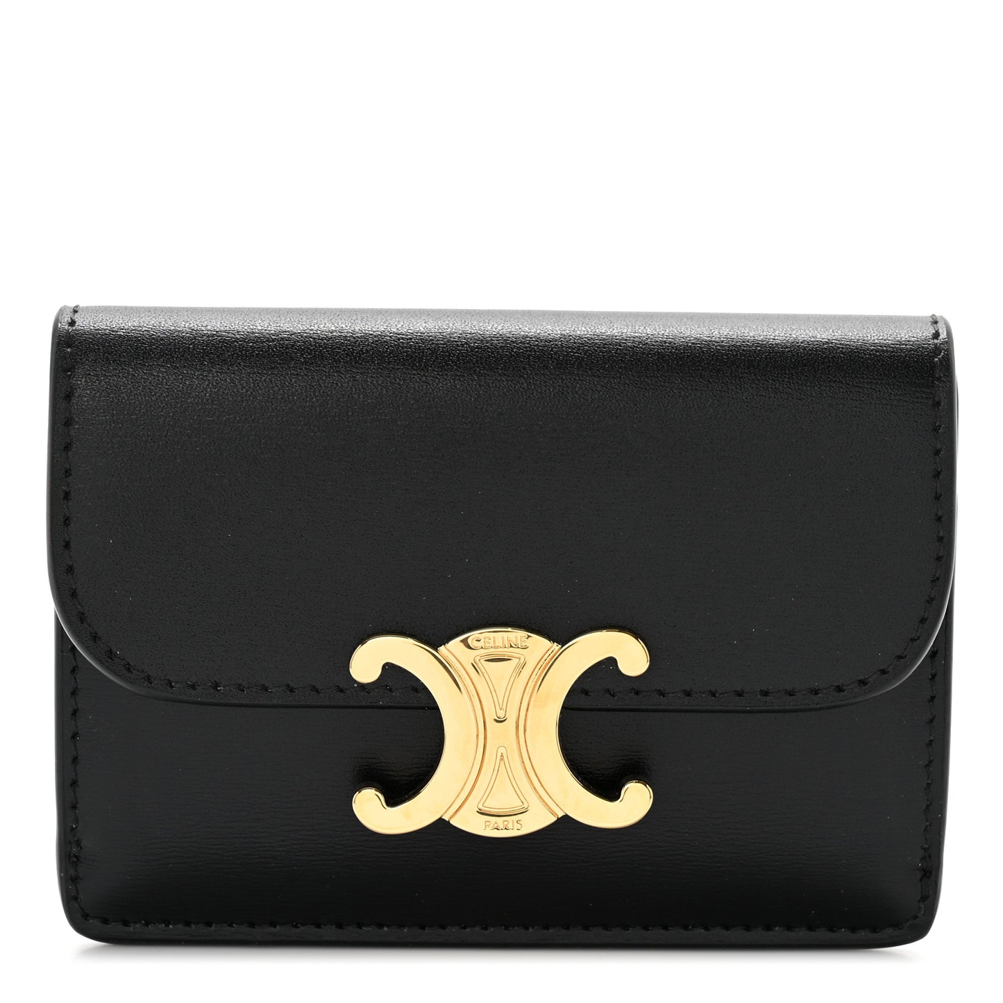 Shiny Calfskin Triomphe Flap Card Holder Black