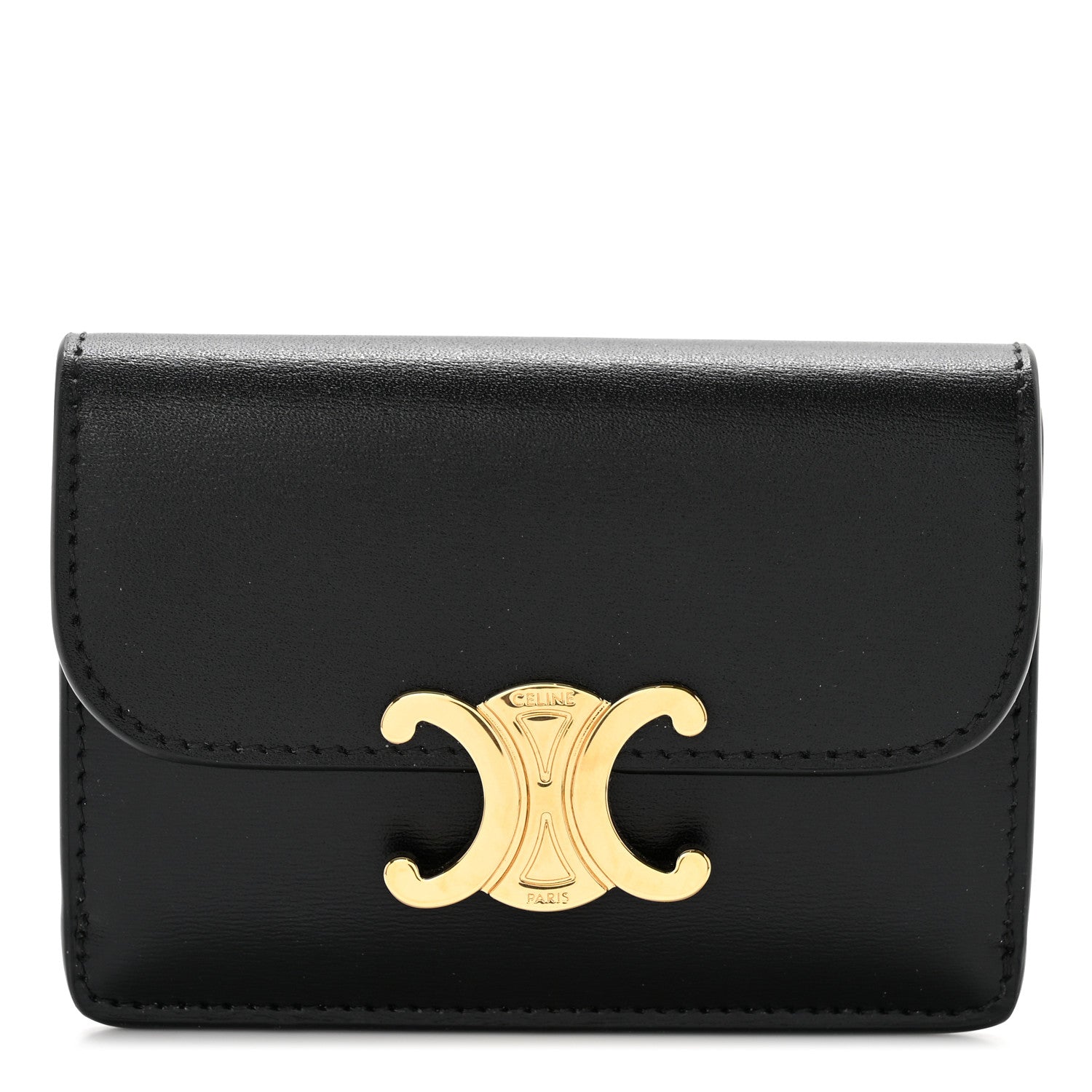 Celine Shiny Calfskin Triomphe Flap Card Holder Black 1 of 7