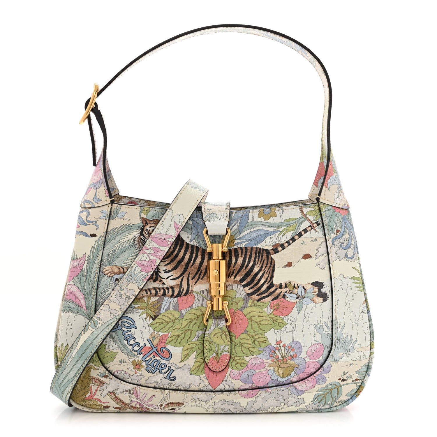 Gucci New Shangai Calfskin Tiger Savanah Small Jackie 1961 Hobo Chalky White Multicolor 1 of 10