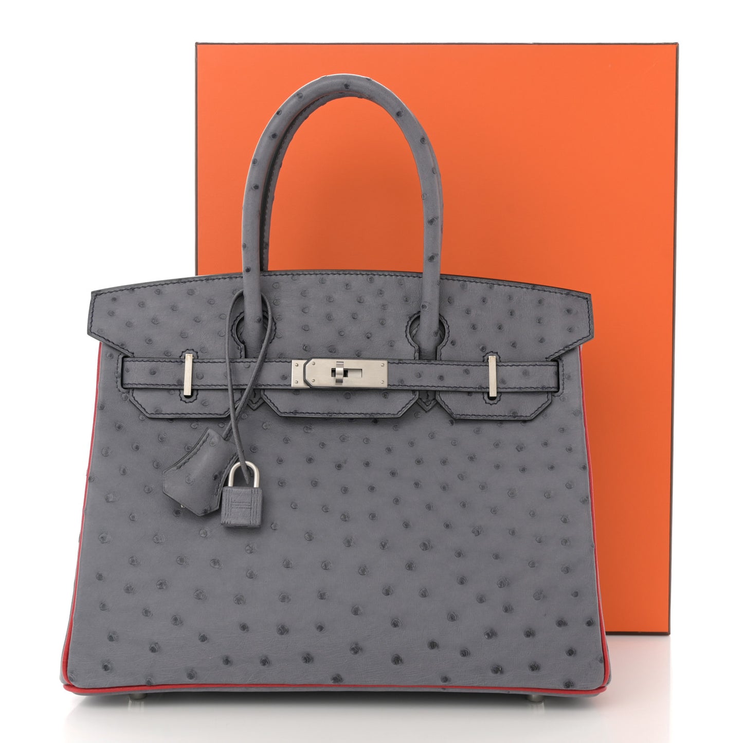 Ostrich Horseshoe Birkin 30 Gris Agate Rouge Vif