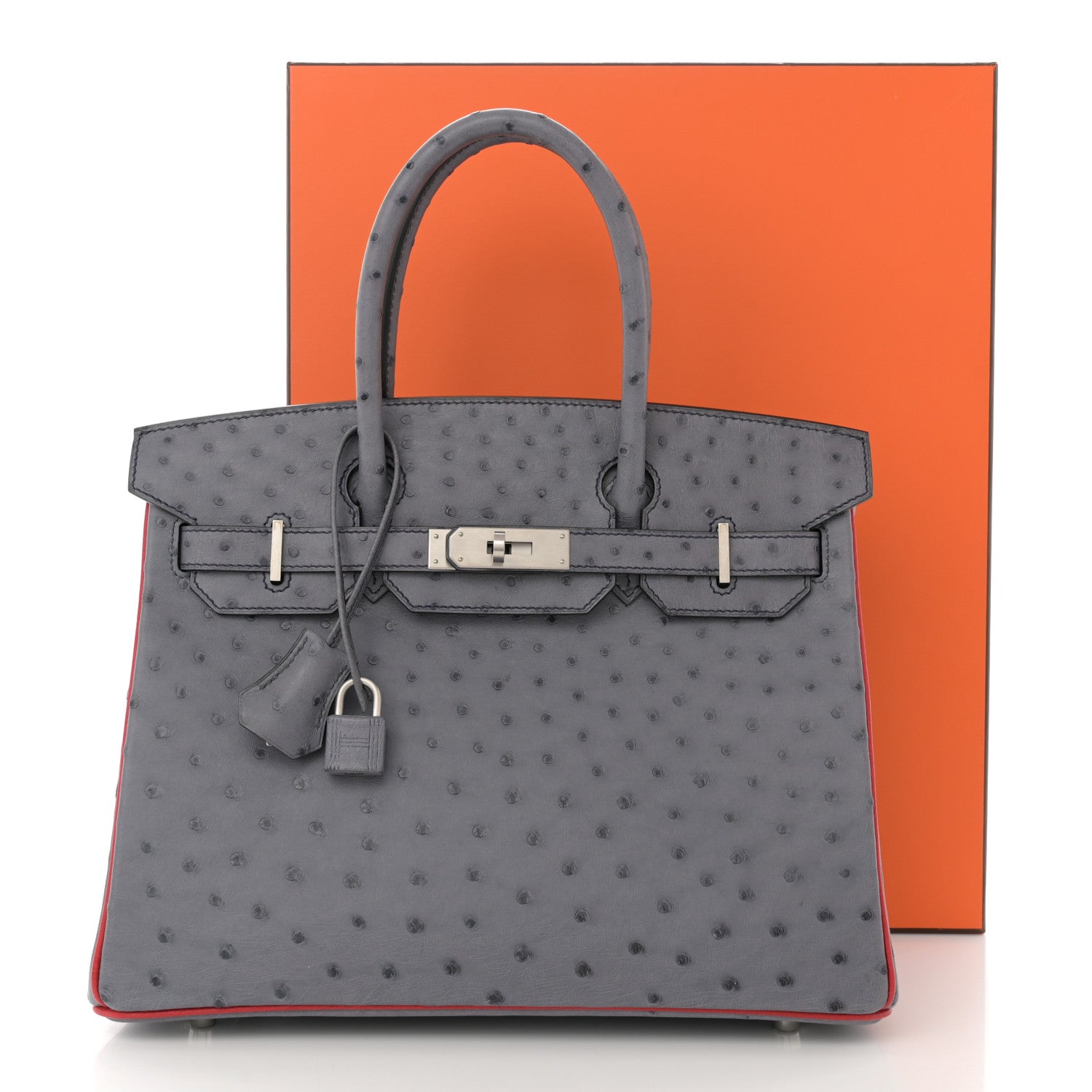 Hermes Ostrich Horseshoe Birkin 30 Gris Agate Rouge Vif 13 of 13