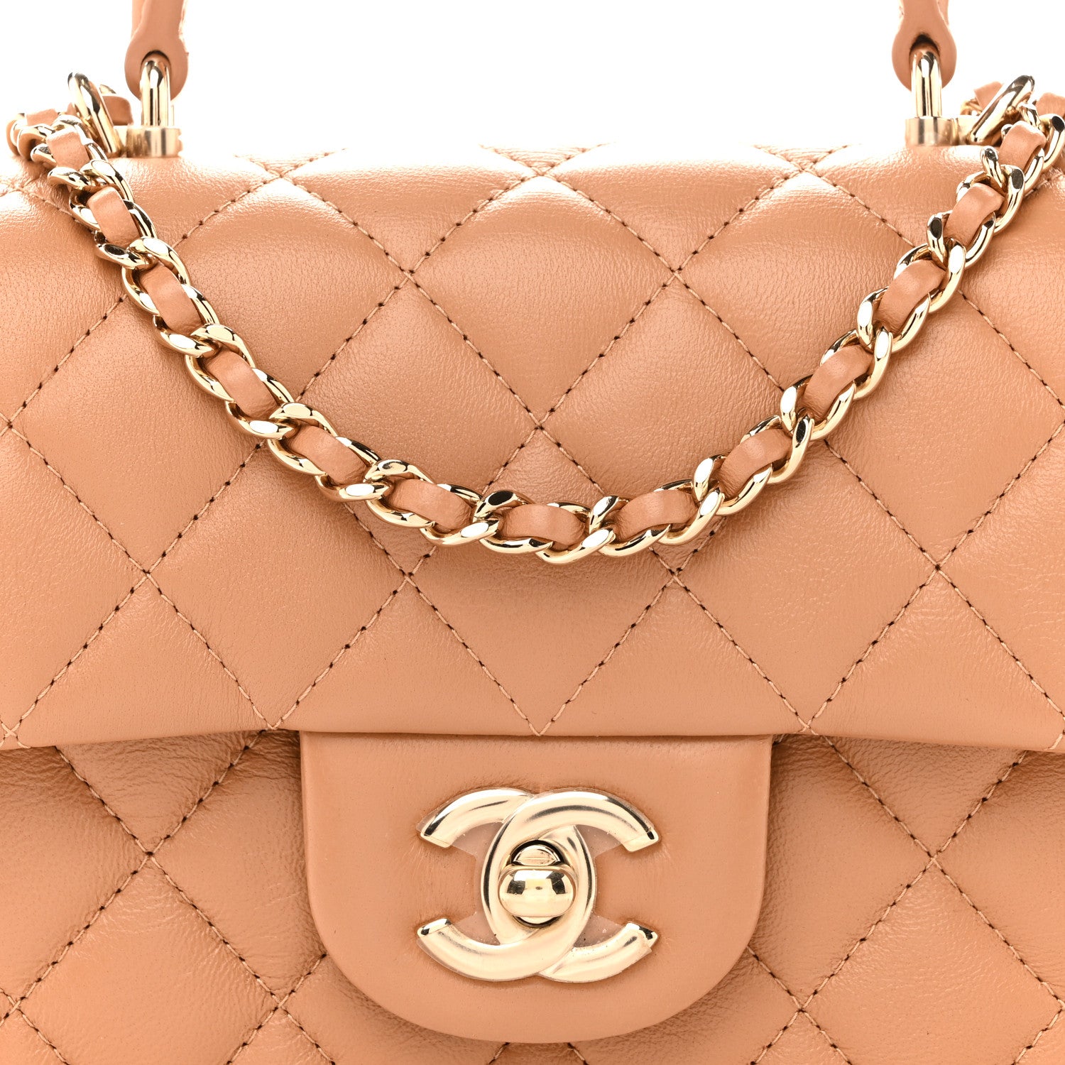 Chanel Lambskin Quilted Mini Top Handle Rectangular Flap Dark Beige 14 of 23