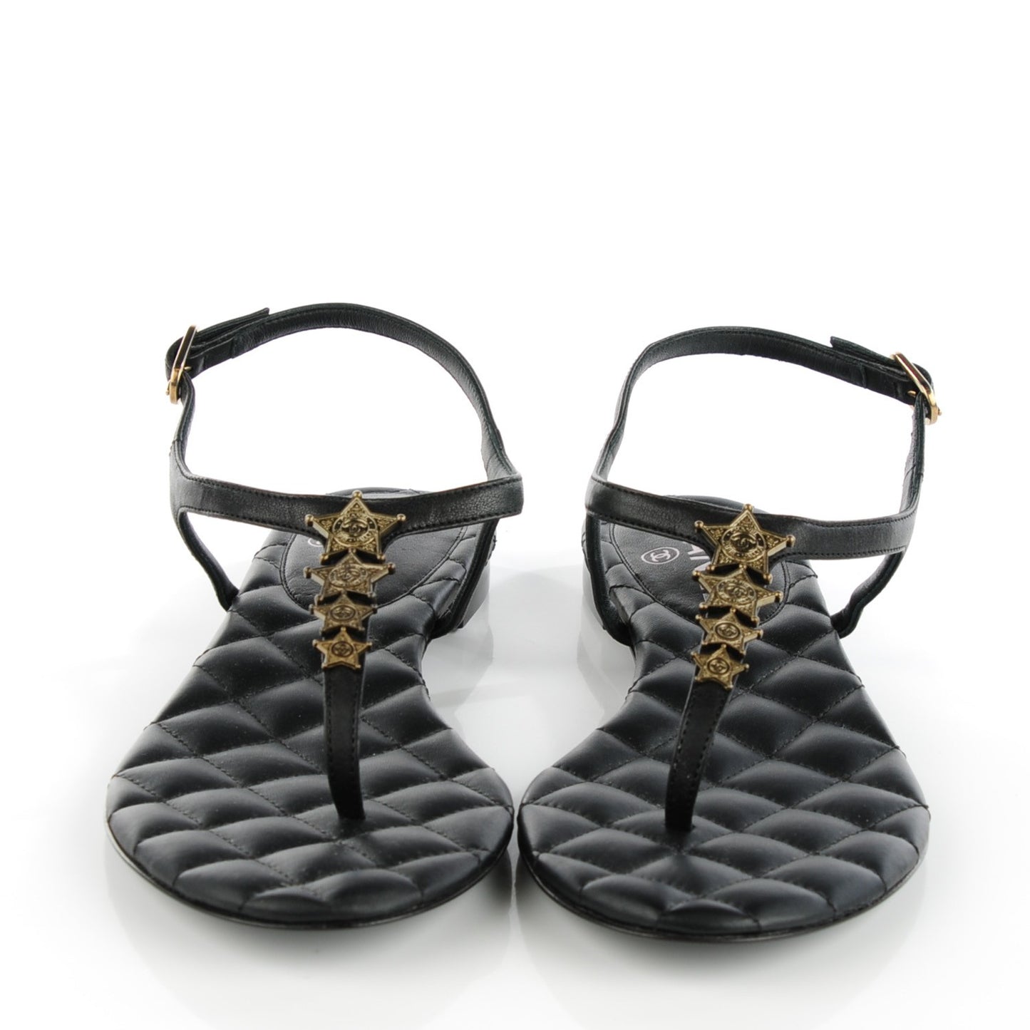 Calfskin Paris Dallas Quilted Star CC Thong Sandals Black 37.5