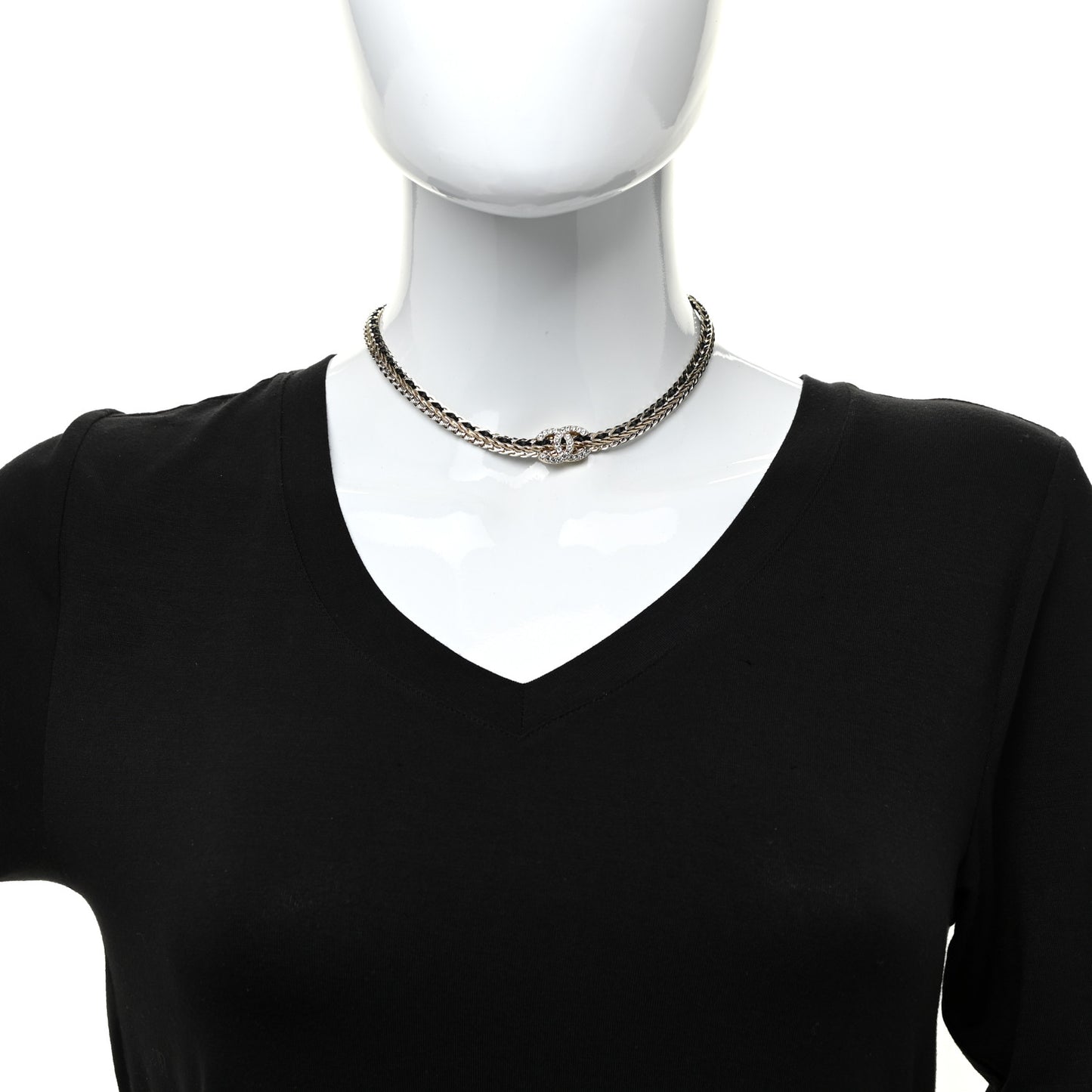 Metal Lambskin Crystal Chain CC Necklace Black Gold
