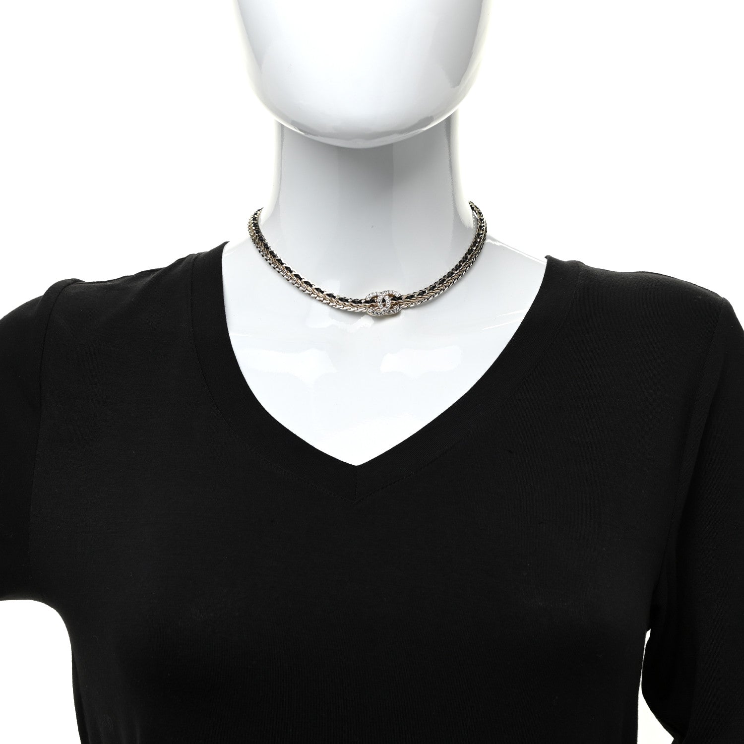 Chanel Metal Lambskin Crystal Chain CC Necklace Black Gold 2 of 5