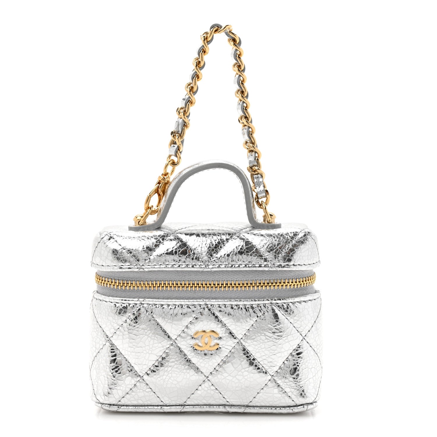 Chanel Metallic Calfskin Quilted Mini Vanity Bag Charm With Hook Silver 1 of 11