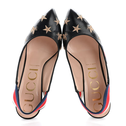 Gucci Malaga Kid Web Bee Star Embroidered Sylvie High Heel Slingback Pumps 39 Black 2 of 12
