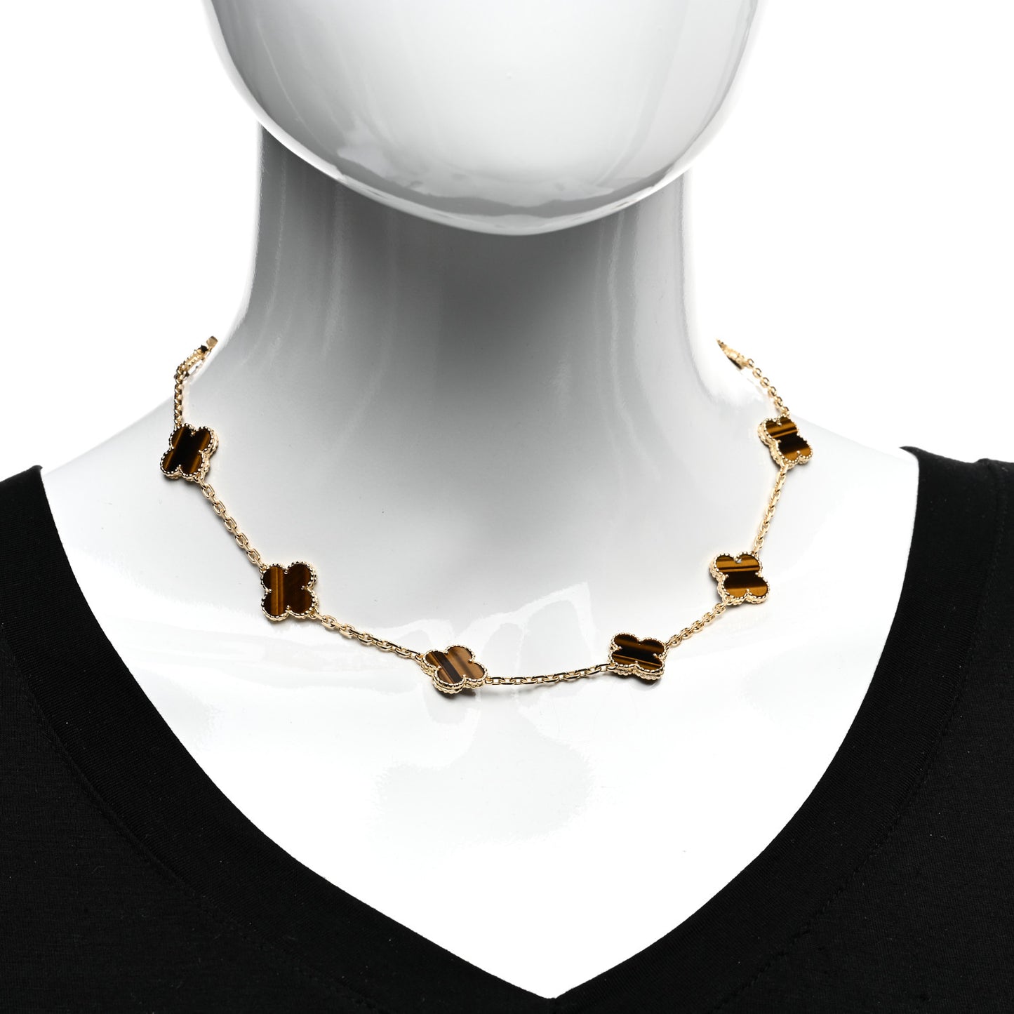 18K Yellow Gold Tiger Eye 10 Motifs Vintage Alhambra Necklace