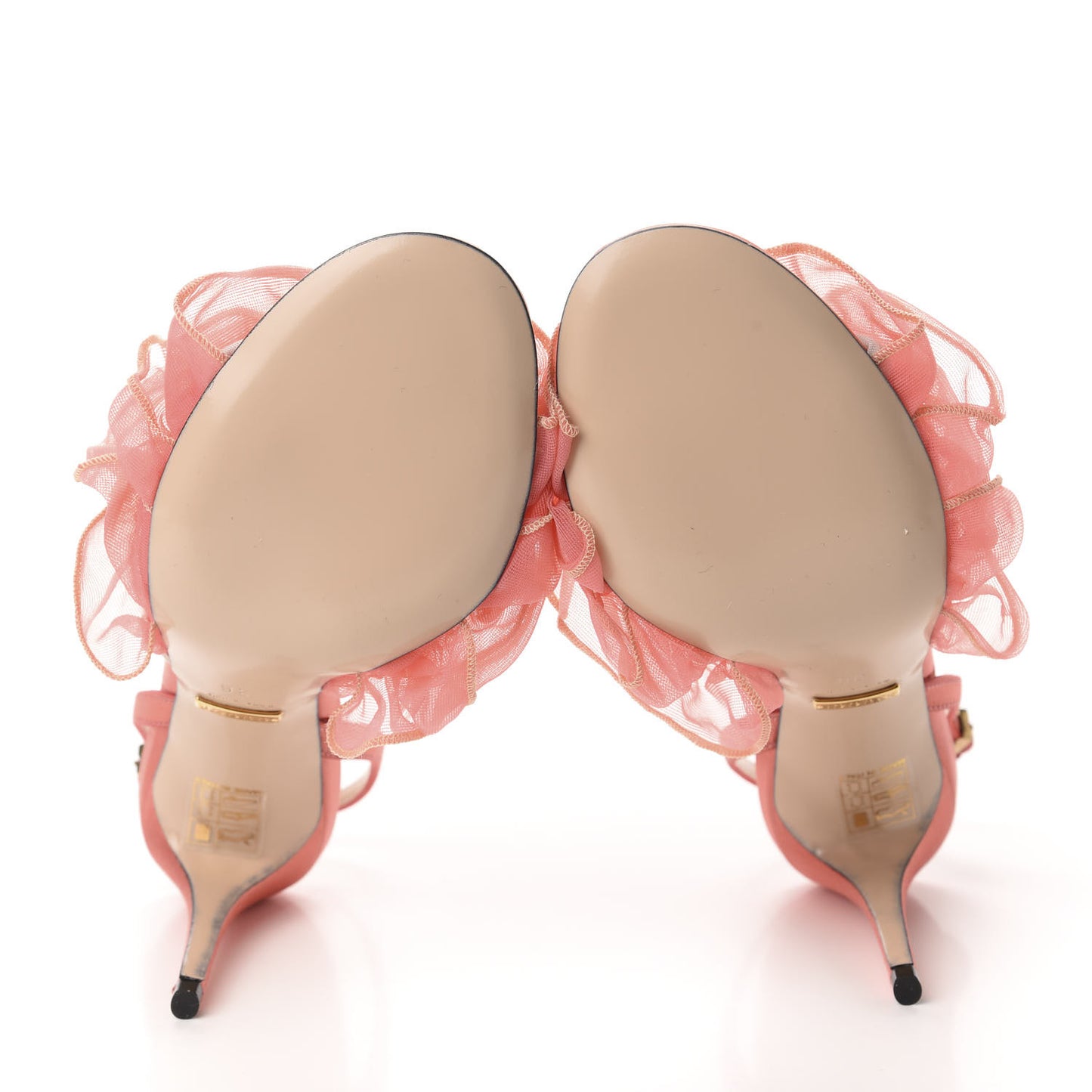 Tulle Ruffle Mid Heel Slingback Sandals 36 Peach White