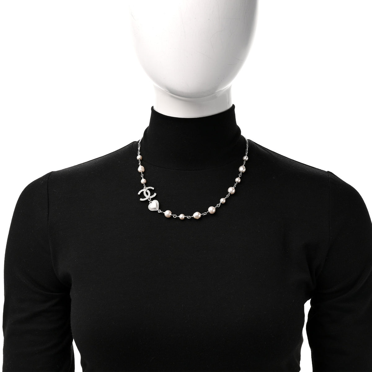 Crystal Pearl CC Heart Necklace Silver