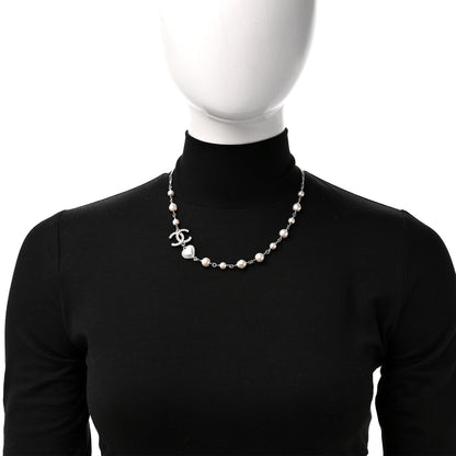 Chanel Crystal Pearl CC Heart Necklace Silver 2 of 5