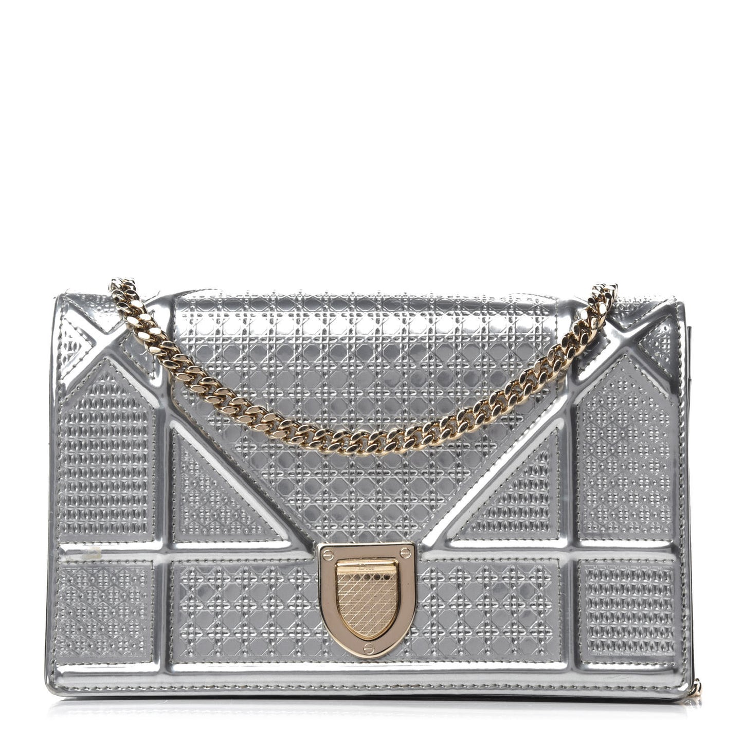 Metallic Patent Micro-Cannage Diorama Wallet on Chain Pouch Silver