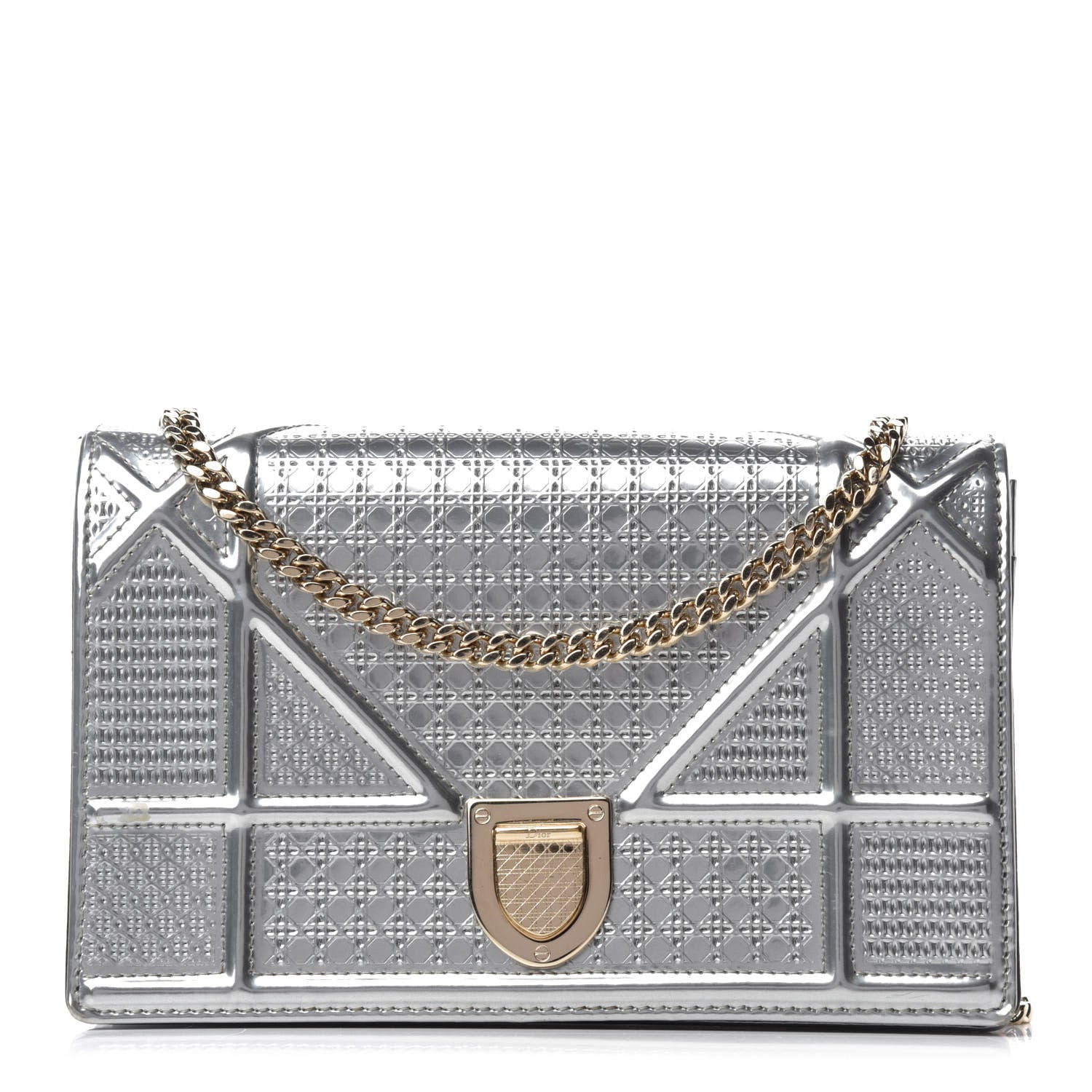 Christian Dior Metallic Patent Micro-Cannage Diorama Wallet on Chain Pouch Silver 1 of 10