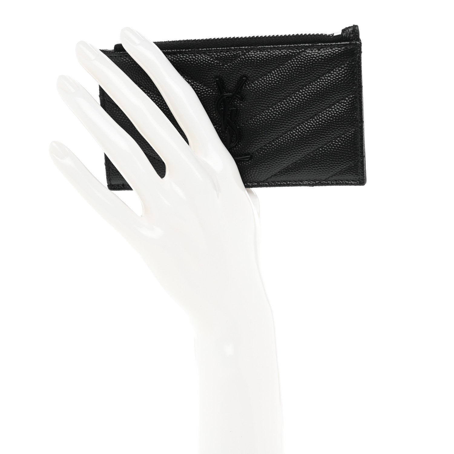 Saint Laurent Grain De Poudre Matelasse Chevron Monogram Fragments Zippered Card Case Black 2 of 8