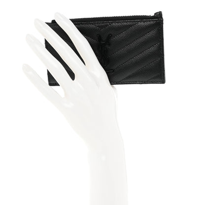 Saint Laurent Grain De Poudre Matelasse Chevron Monogram Fragments Zippered Card Case Black 2 of 8