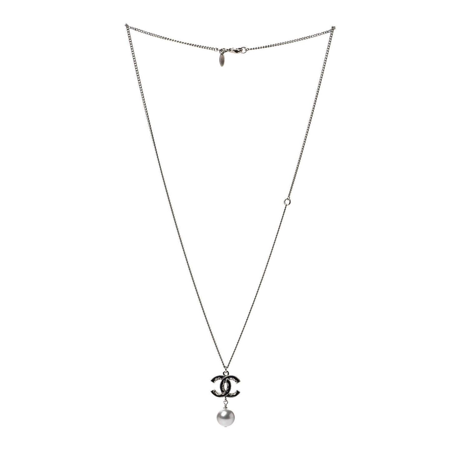 Enamel Pearl CC Baroque Drop Necklace Black Gold