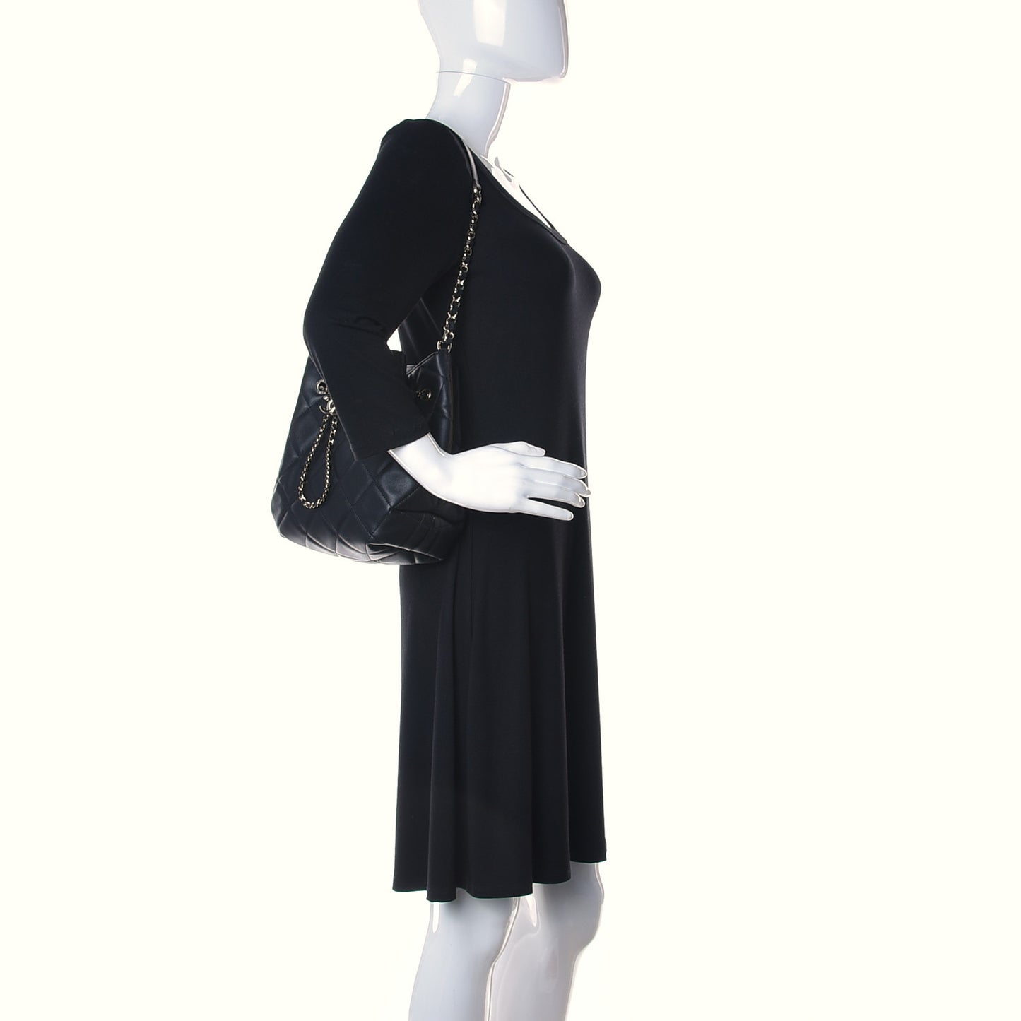 Lambskin Quilted Large CC Drawstring Bag Black